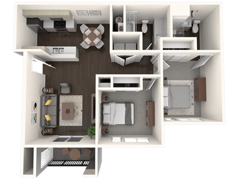 Floor plan for 2 beds, 2 baths, 911 sqft